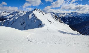 Skitour Marchkinkele - Schlussanstieg, Rückblick Gissertörl und Gannekofel