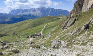 Klettersteig Plattkofel - Rückweg mit Blick zur Plattkofelhütte und Plattkofelalm